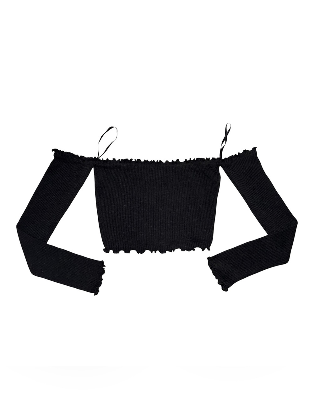Black Off-The-Shoulder Lettuce Trim Crop Top - Size Small